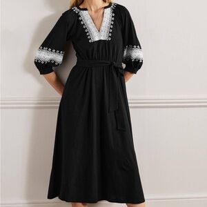 Boden Black Midi Dress with White Embroidered Trim